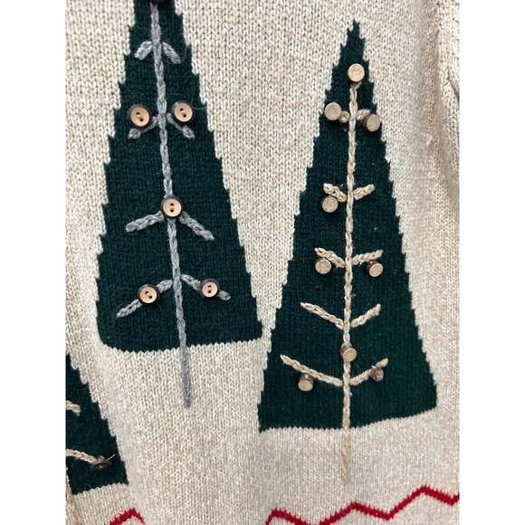 Vintage Crazy Horse Holiday Sweater Beige Knit Green Trees Button Accents Sz S - Picture 4 of 8